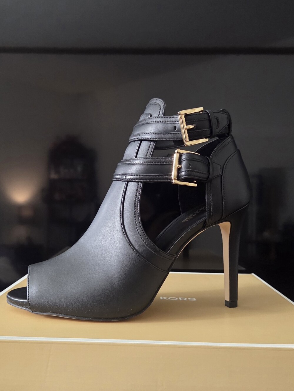 Michael Kors Black Leather Peep-Toe Cutout Heel with Gold Buckles